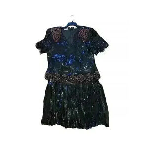 Vintage Stenay Black Beaded Sequin Silk Skirt Set two pieces Size Large